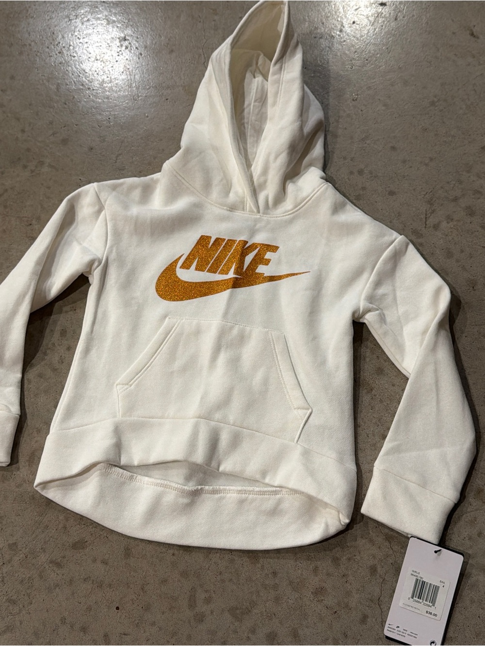 Nike Kids White Hoodie with Gold Glitter Logo